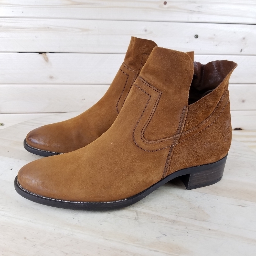 Paul Green Leather Ankle Boots Booties Side Zip Western Biker Moto Almond Toe